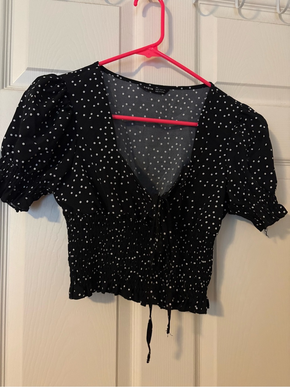 SHEIN Black & White Polka Dot Smocked Crop Top